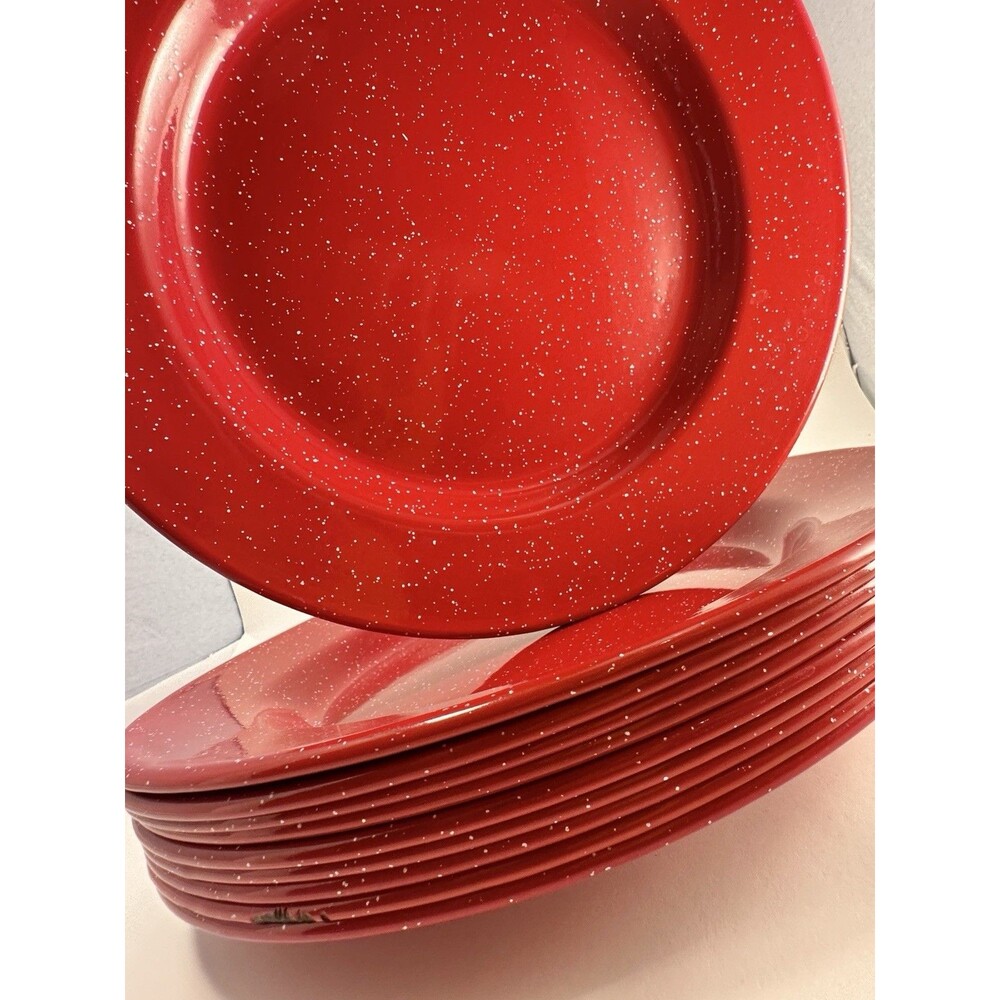 Vintage Red Speckled Enamelware Dinner Plates Set of 10 Campware 12”